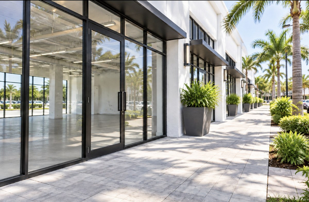 South Florida commercial retail space with palm-lined walkway