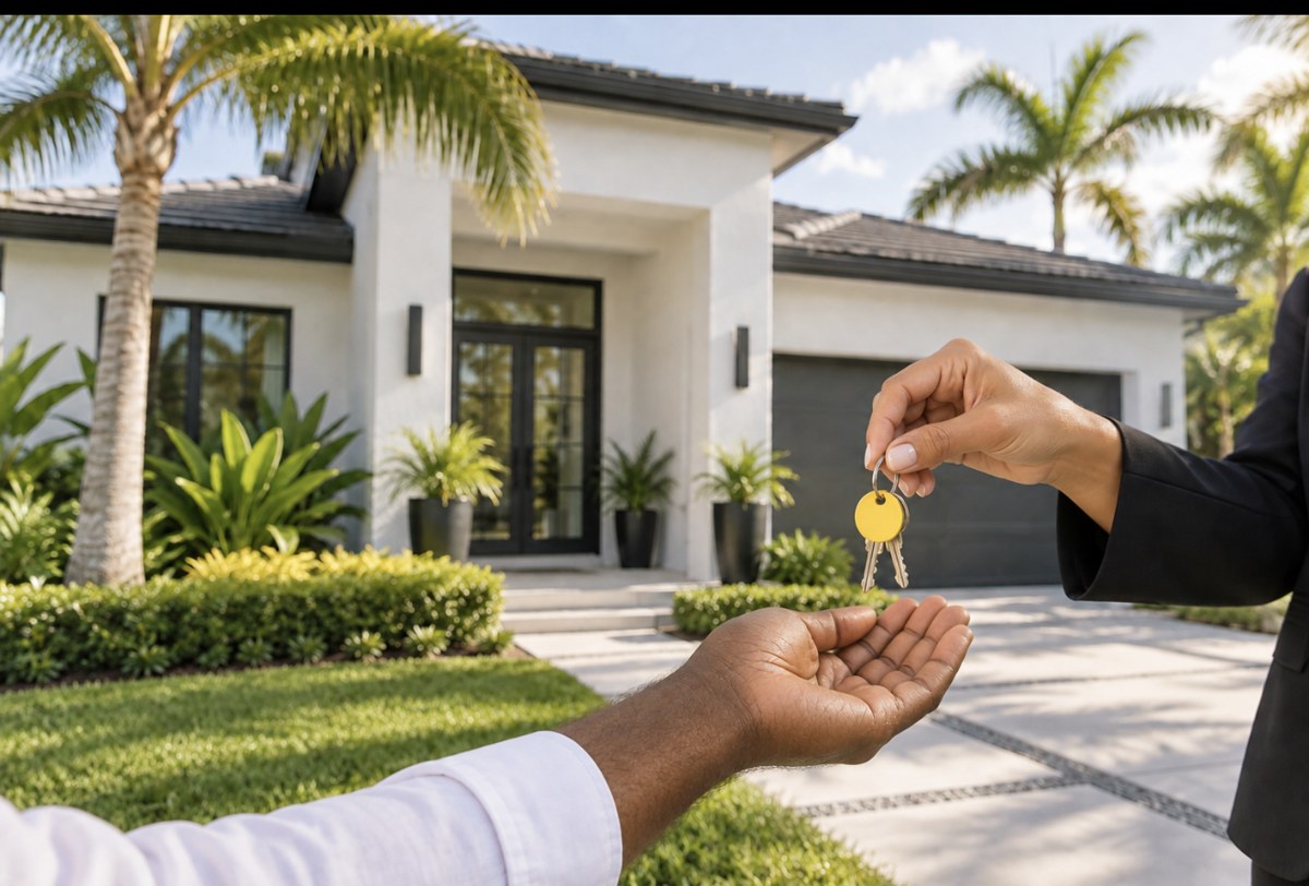 Handing over keys in front of a modern South Florida home